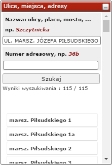 Formatka wyszukiwania ulic/adresów - lista adresów