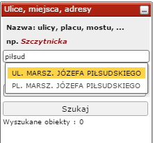 Formatka wyszukiwania ulic/adresów - lista podpowiedzi