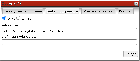 Formatka dodawania serwisów mapowych udostępnionych w formie usług WMS